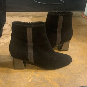 Vaneli Black Suede Ankle Boots with Metallic Accent